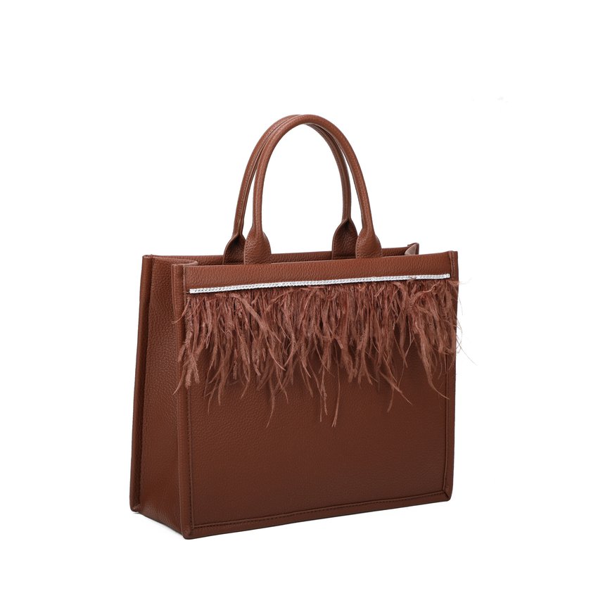 Shopper bag with rhinestones and feathers