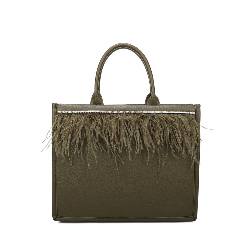 Shopper bag with rhinestones and feathers