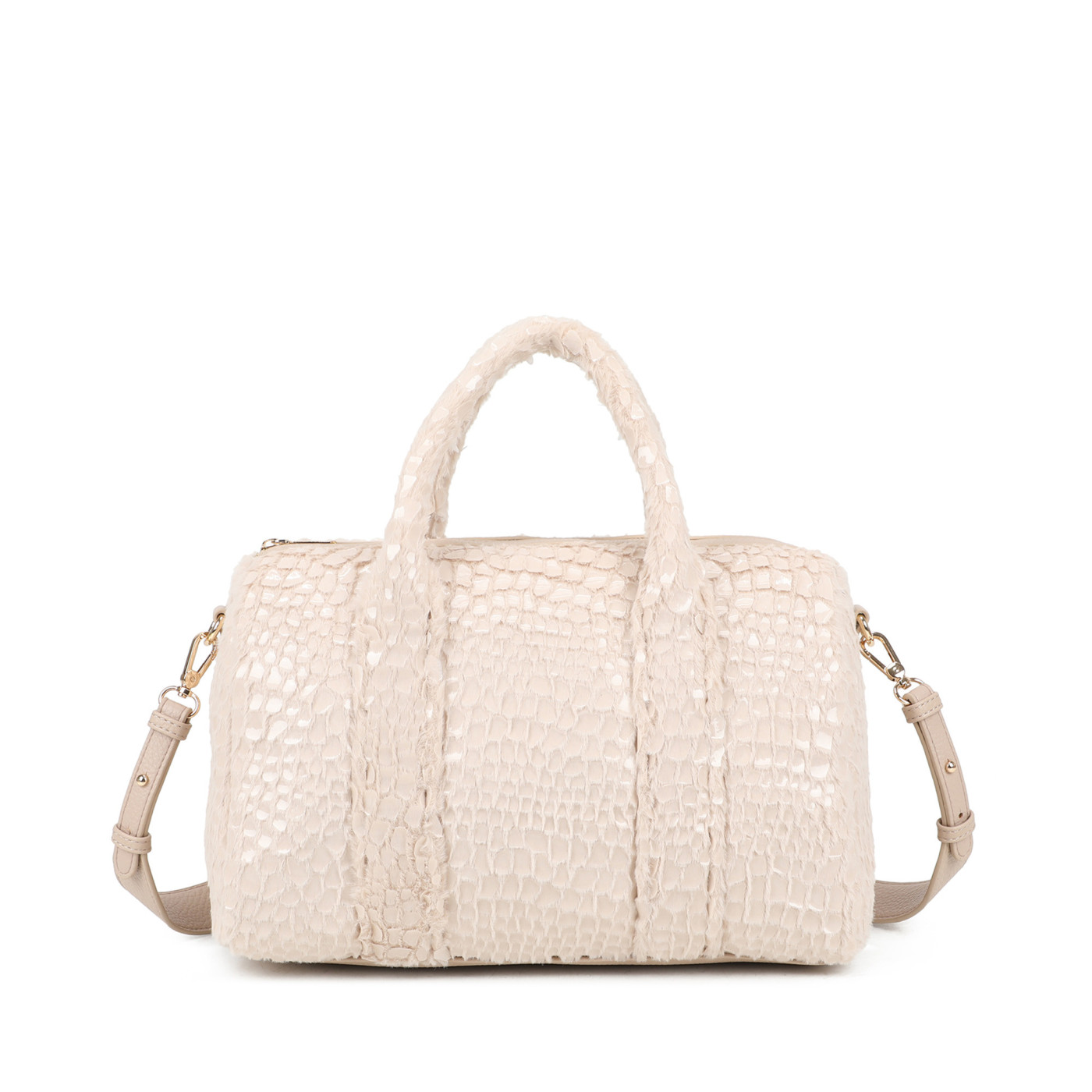 Shoulder bag with fur and patent leather