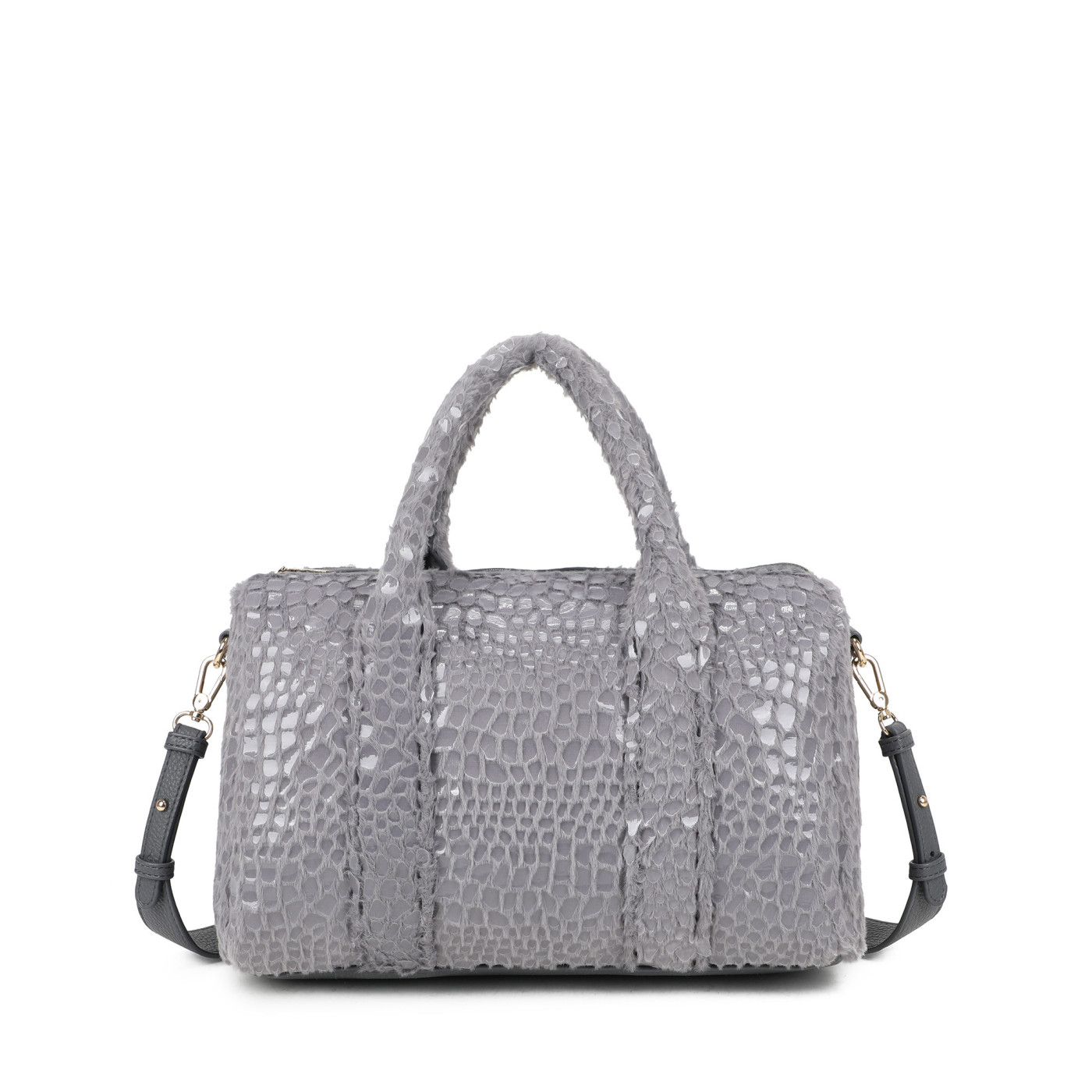 Shoulder bag with fur and patent leather