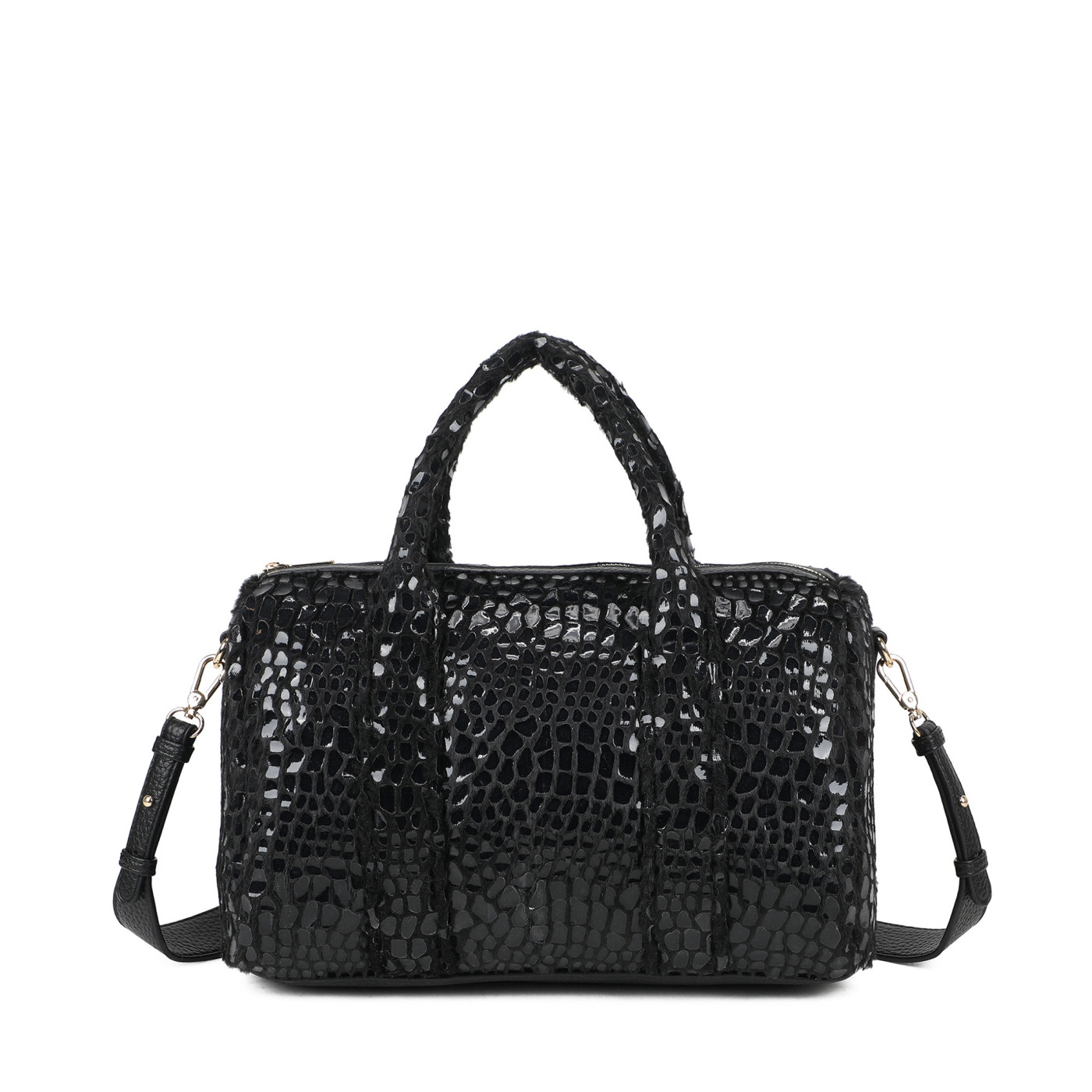 Shoulder bag with fur and patent leather