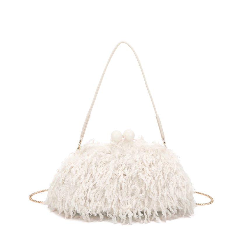 Bolso de hombro con pelo y plumas
