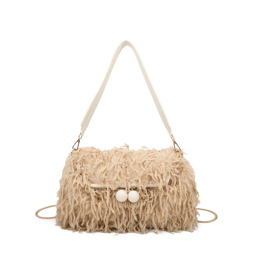 Bolso de hombro con pelo y plumas