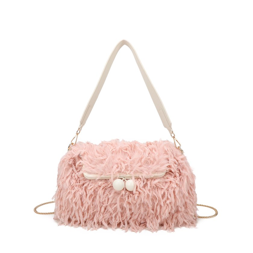 Bolso de hombro con pelo y plumas