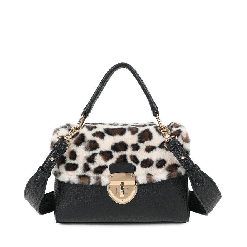Shoulder bag with fur and animal print