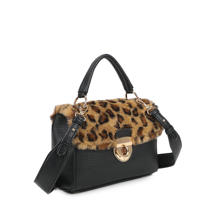 Shoulder bag with fur and animal print