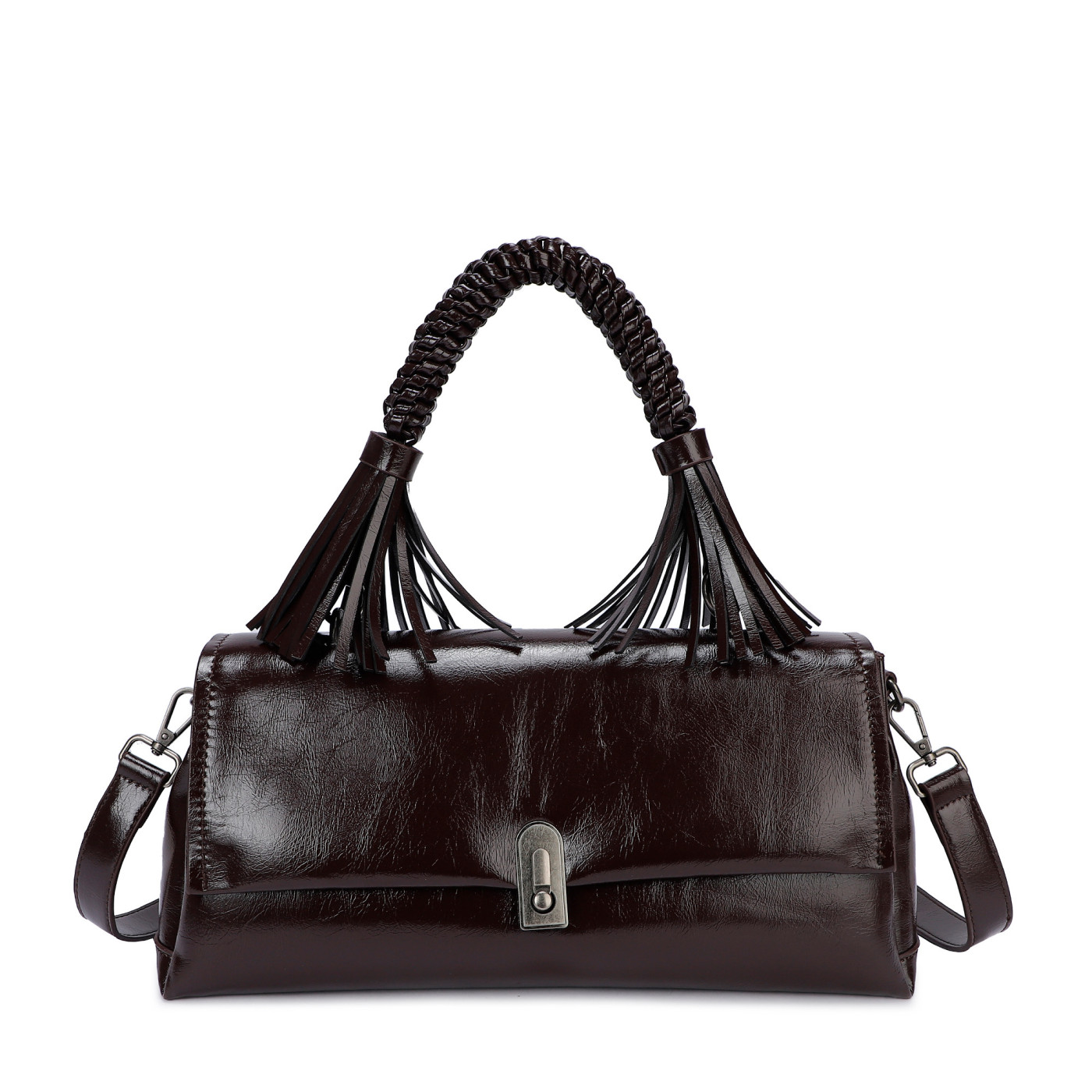 Bolso bandolera de charol con hojitas
