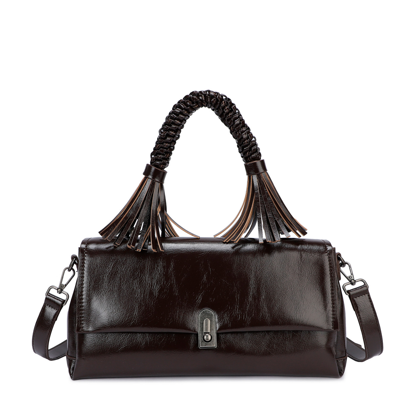 Bolso bandolera de charol con hojitas