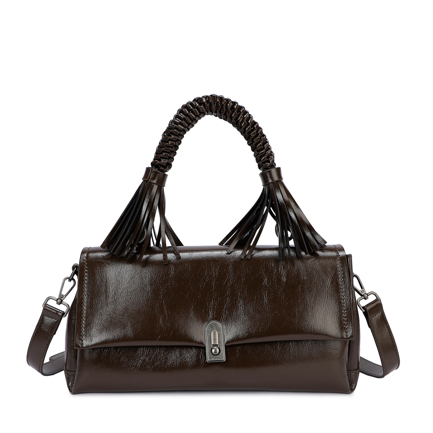 Bolso bandolera de charol con hojitas