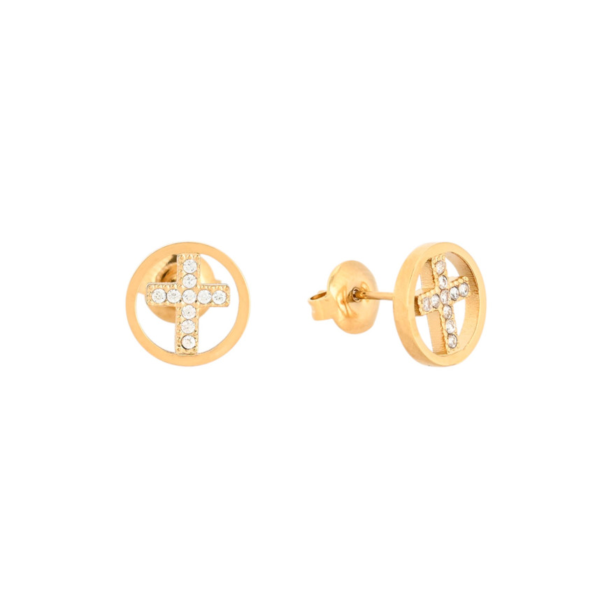 Boucles d\'oreilles ronds en acier croix GB