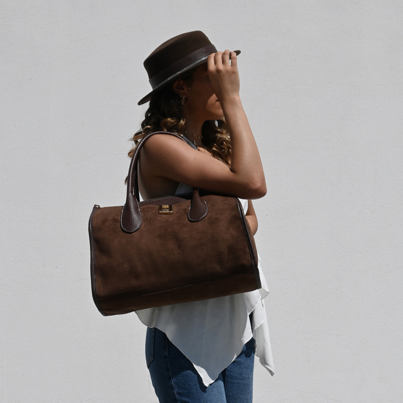 Borsa Shopper in tessuto camoscio