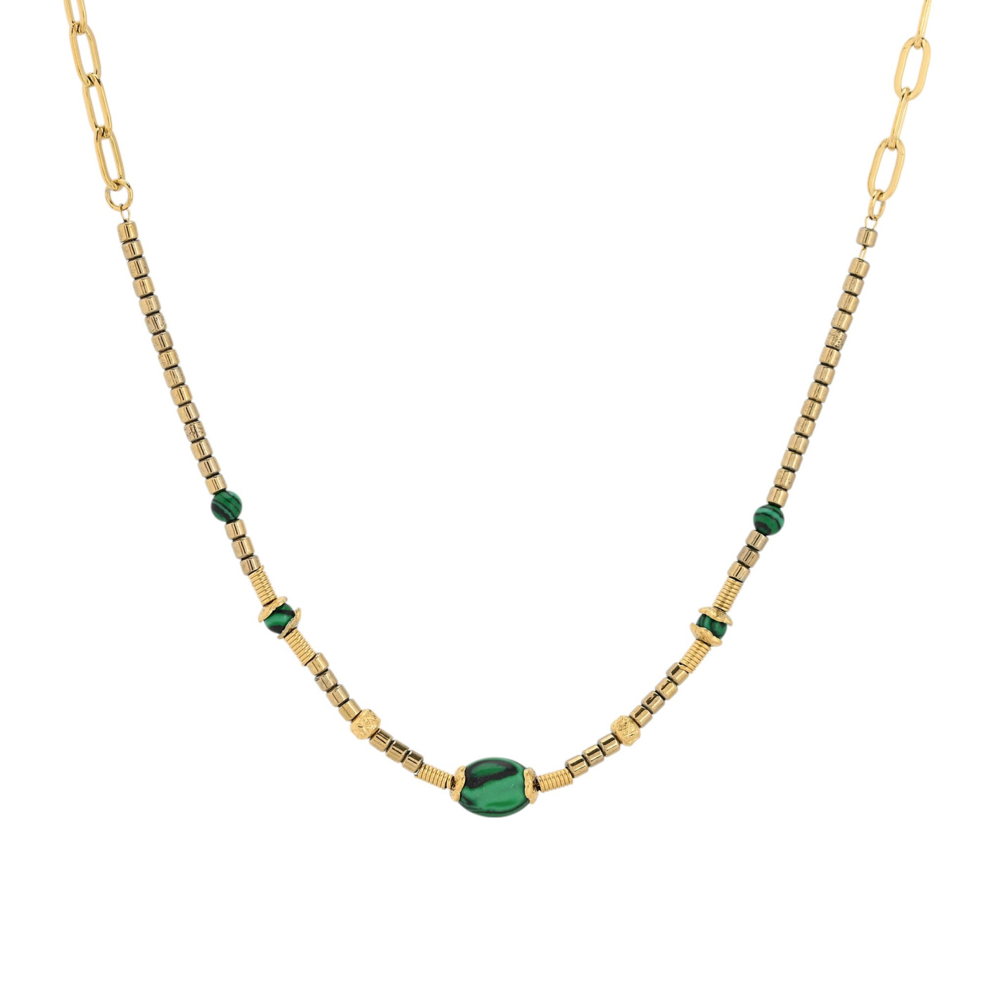 Steel necklace natural stone round GB