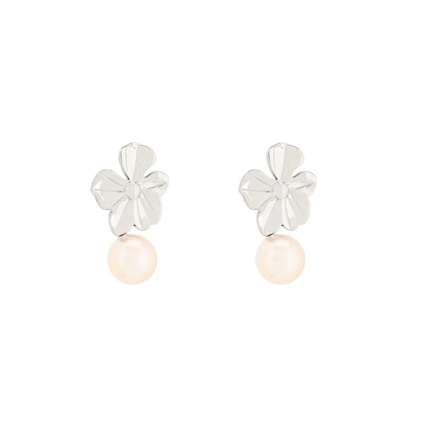 Boucles d'oreilles pendantes en acier fleur et perle GB