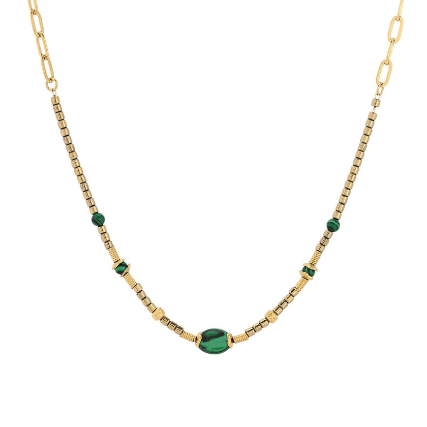 Steel necklace natural stone round GB