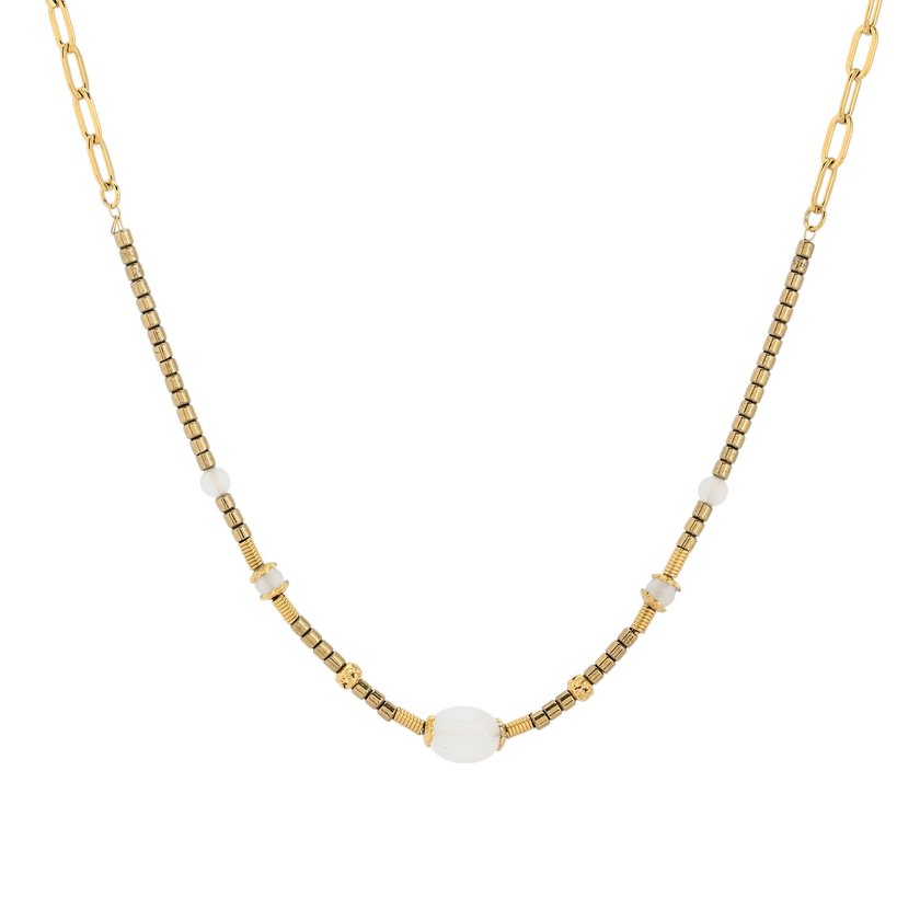 Steel necklace natural stone round GB