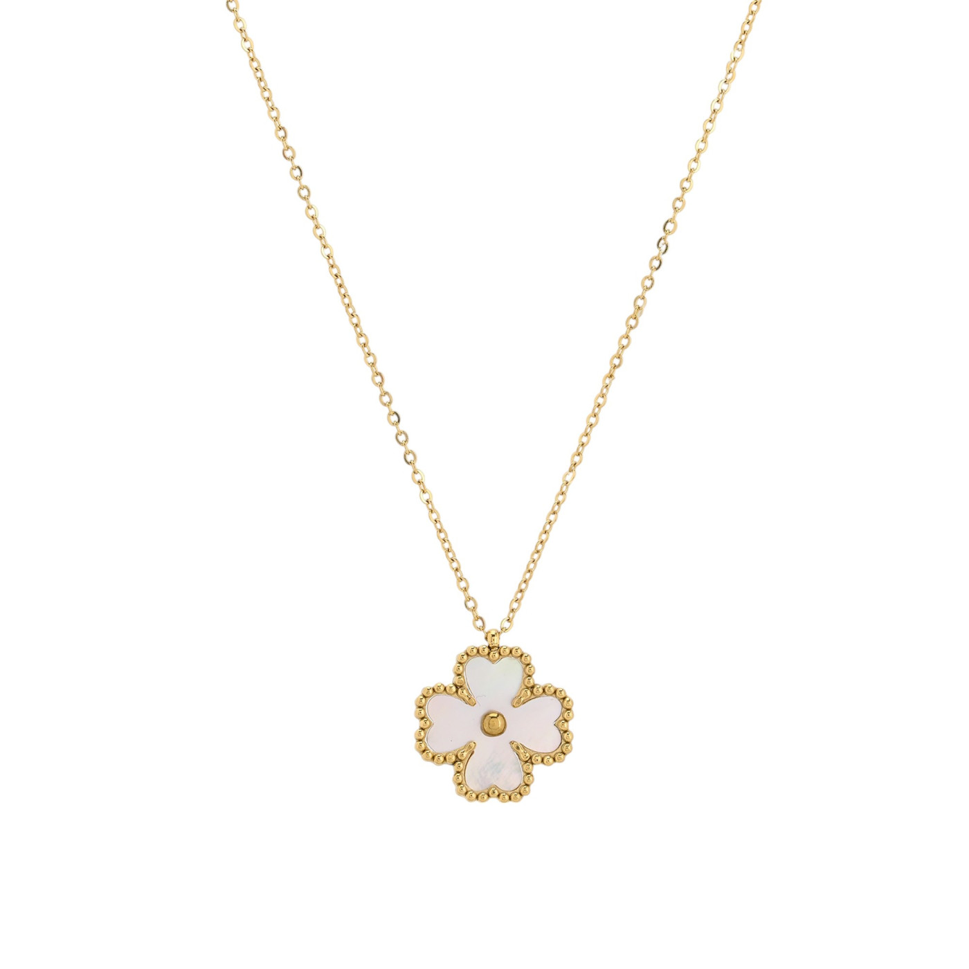 Steel necklace clover texture and motherpearl GB