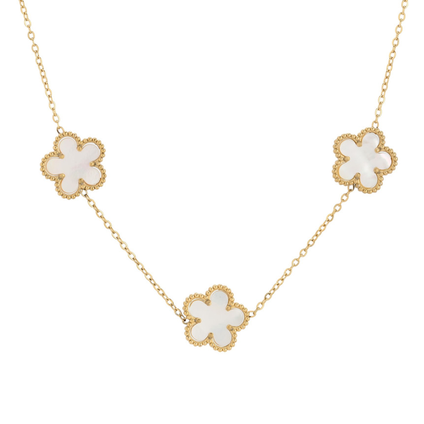 Steel necklace with three white clovers