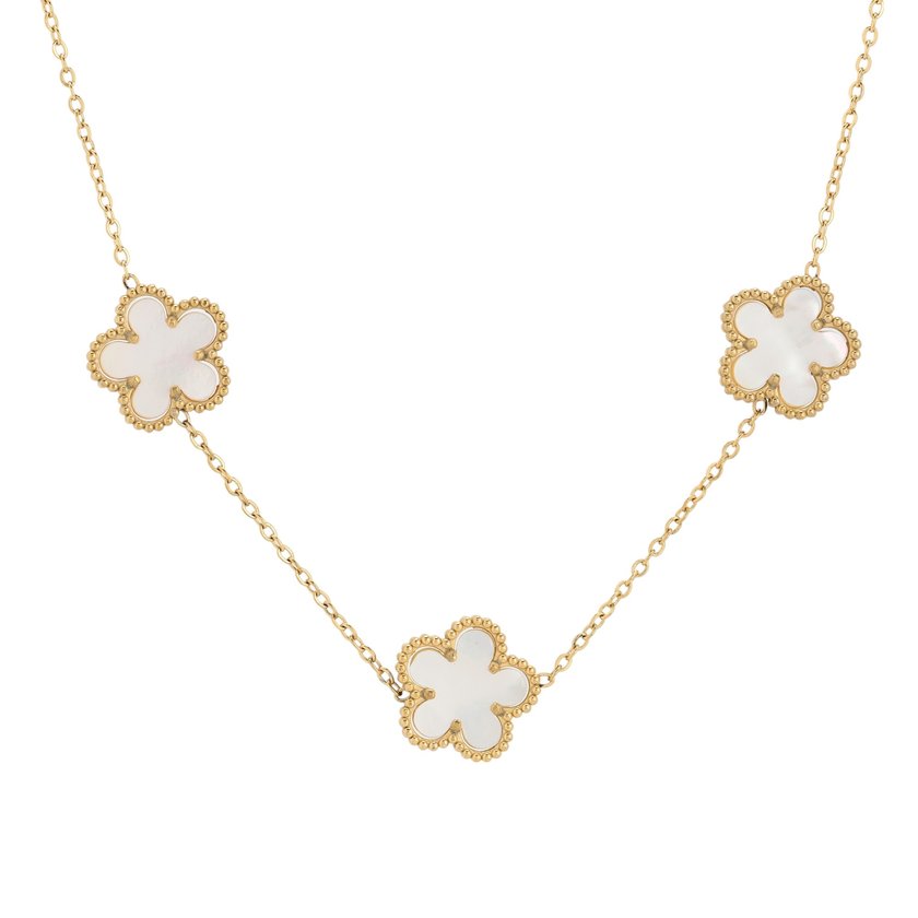 Collana in acciaio con tre quadrifogli bianchi