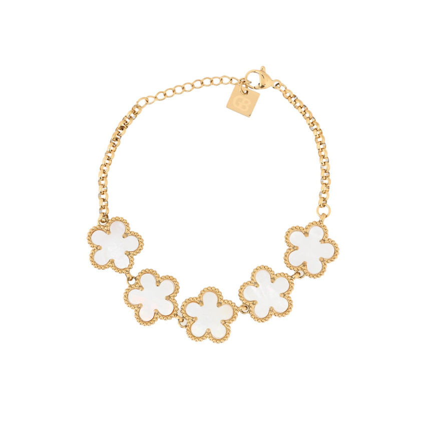 Bracelet en acier avec cinq trèfles blancs