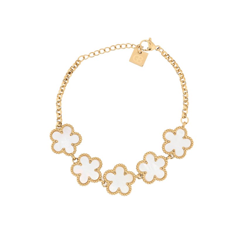 Steel bracelet with five white clovers