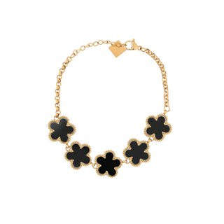 Steel bracelet with five black clovers