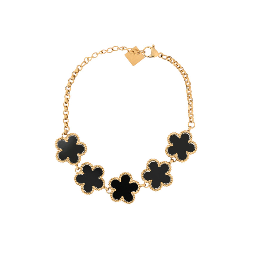 Steel bracelet with five black clovers