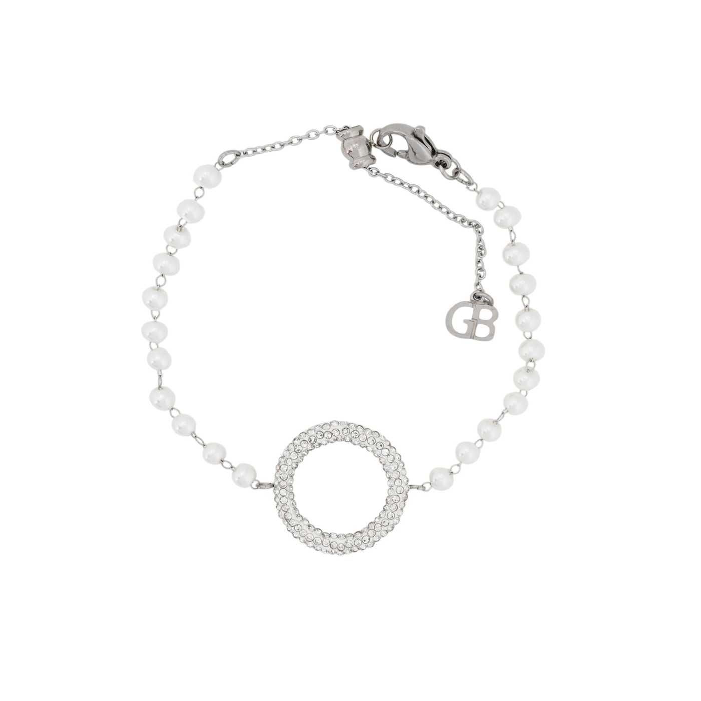 Pulsera en acero perlas y círculo GB