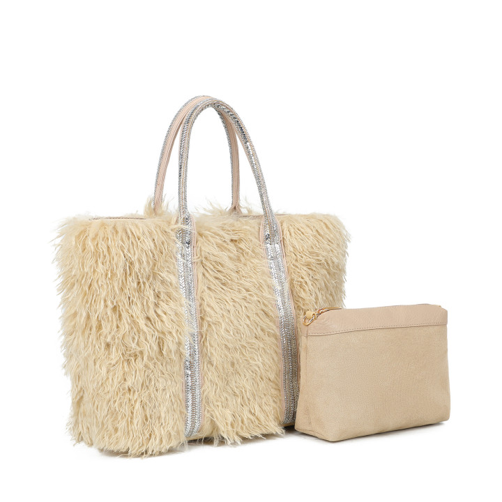 Borsa shopper con pelliccia e brillantini
