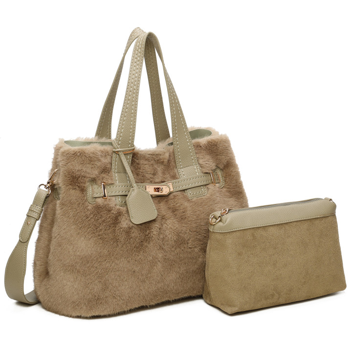 Shopper bag with fur and buckle