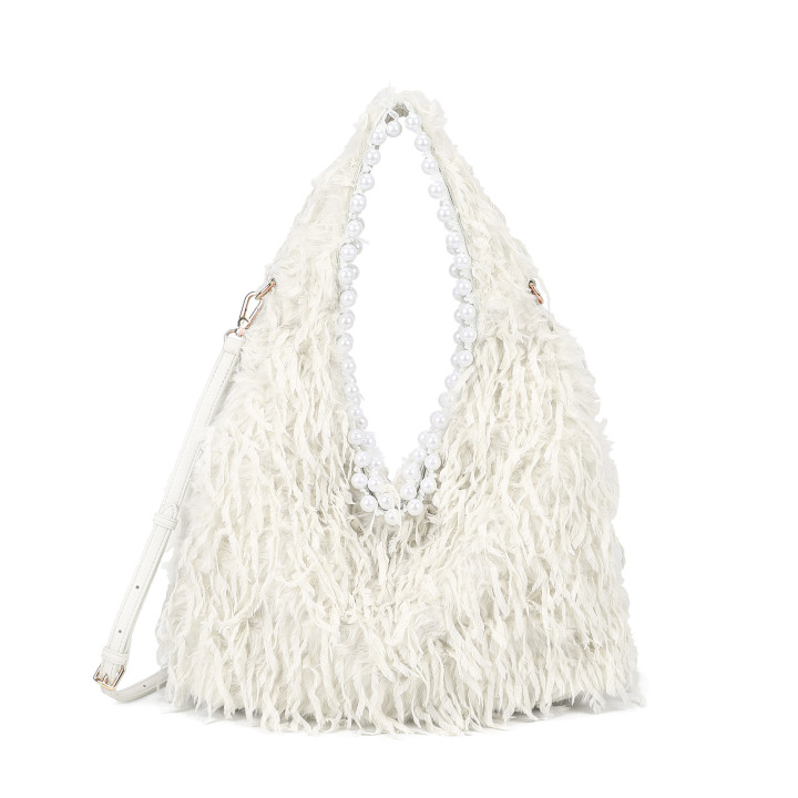 Borsa shopper in pelliccia con perle