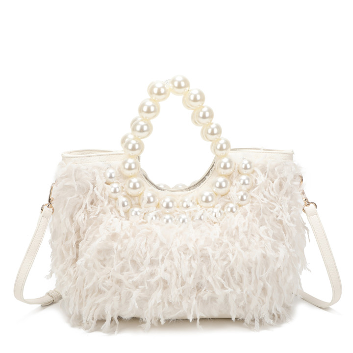 Borsa shopper in pelliccia con perle
