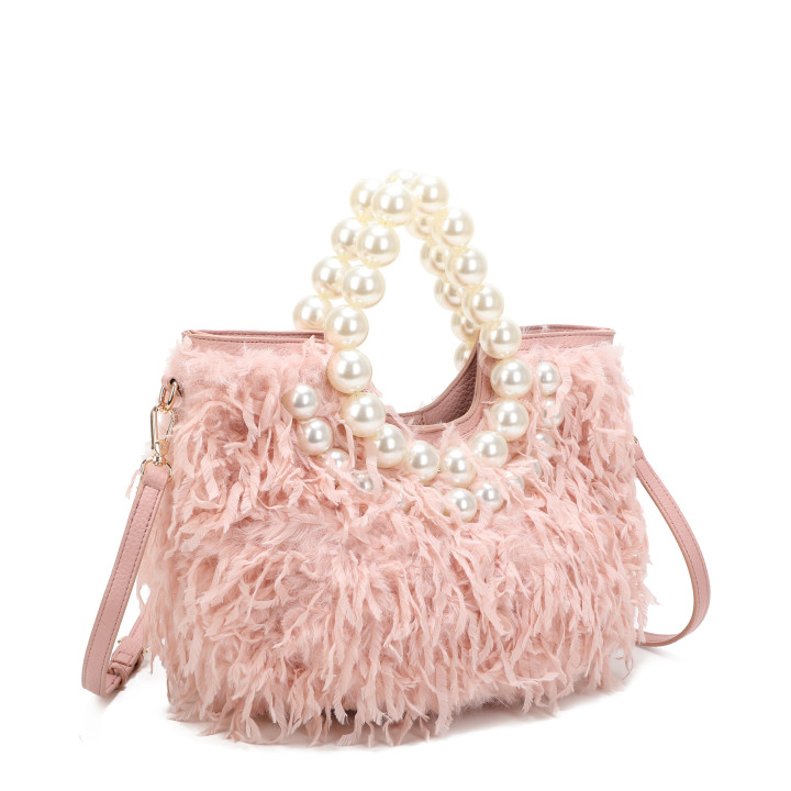Borsa shopper in pelliccia con perle
