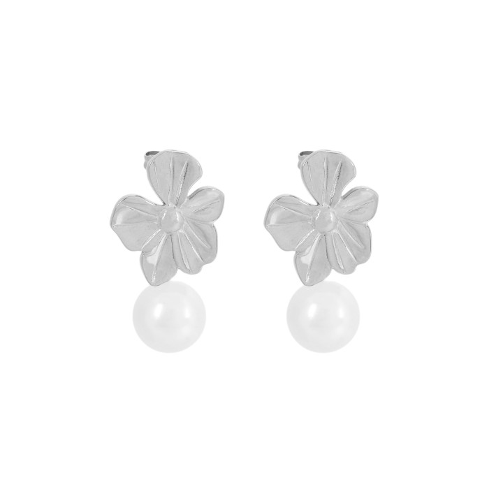 Boucles d'oreilles pendantes en acier fleur et perle GB