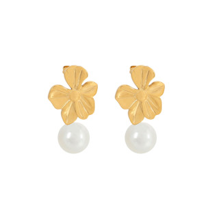 Boucles d'oreilles pendantes en acier fleur et perle GB